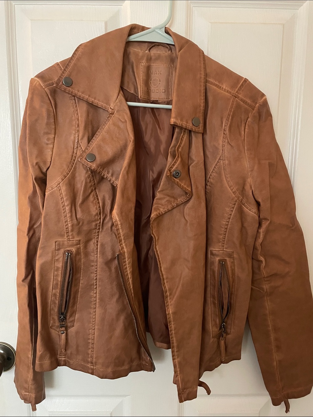 Max Studio Cognac Brown Leather Moto Jacket